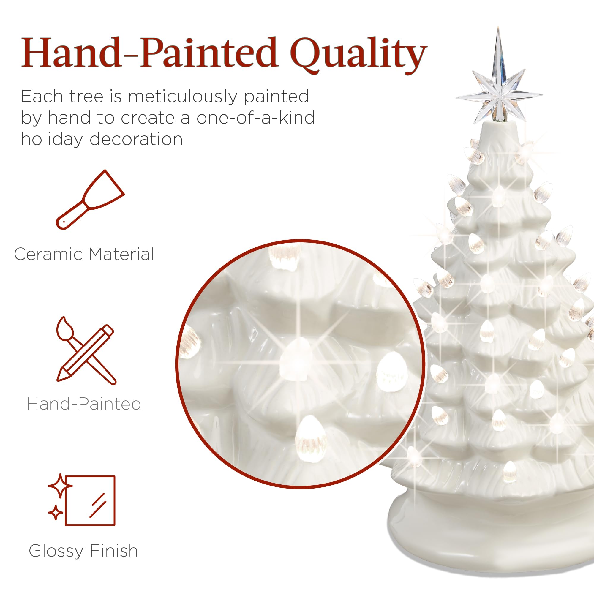 Best Choice Products 15in Ceramic Christmas Tree, Pre-lit Hand-Painted Tabletop Holiday Tree, 2 Star Toppers, 64 Lights - White